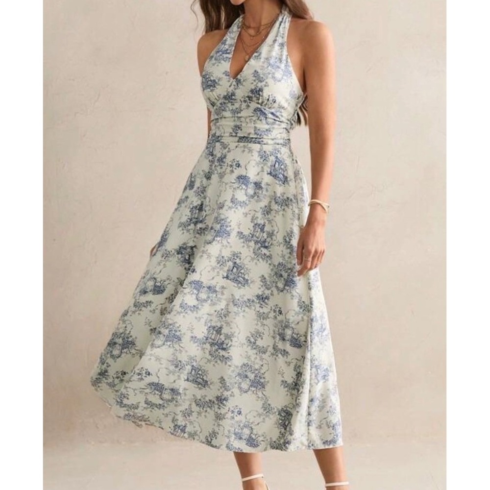 Blue White Toile Halter Midi Dress Tall XL Backless Cottagecore Vacation NWOT